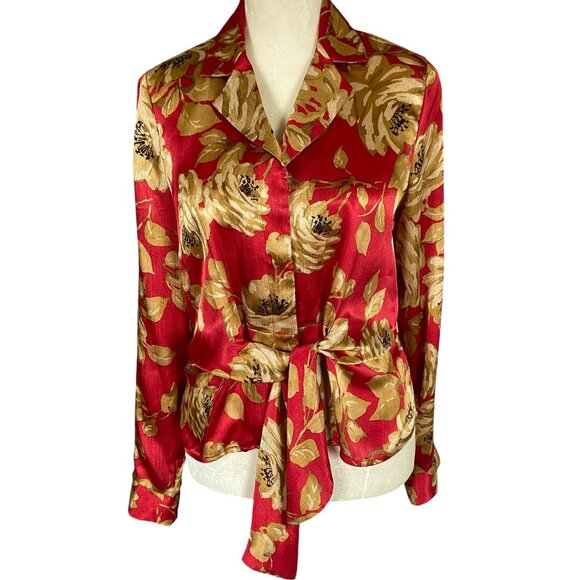 Jones New York women's PP cranapple floral long sleeve collared tie front blouse - Picture 1 of 11